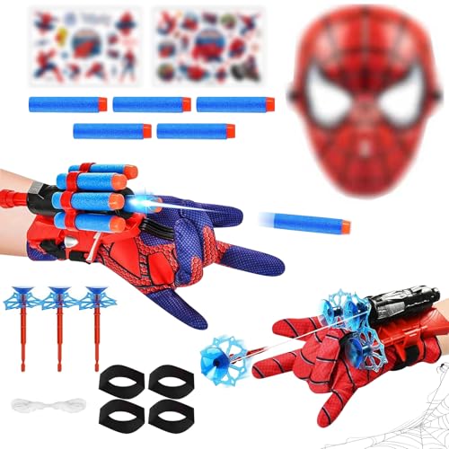 2 Juegos de Guantes de Lanzador, Guantes Lanzadores de Arañas, Guantes Spider Niño Lanzador de Héroes, Web Shooter Spider para Niños, Cosplay Glove Hero Launcher con Máscara y Dardos Guantes