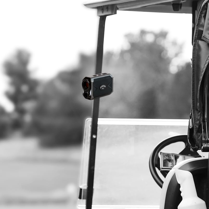 Callaway Golf Micro Pro Laser Rangefinder attached to a golf cart