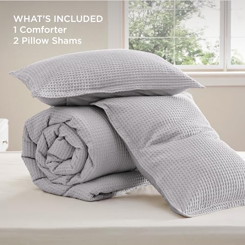 Image of Bedsure Waffle Comforter Set Queen, Grey Soft Bedding, Waffle Weave Bed Set, 3 Pieces, 1 Comforter (90 inchx90 inch) and 2 Pillow Shams, Cotton Shell and Polyester Lining for All Seasons