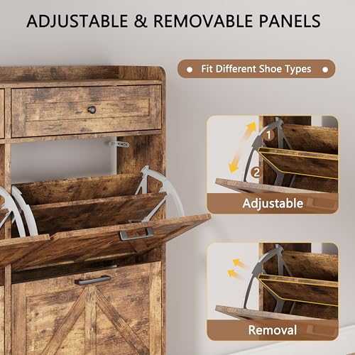 Image of Shoe Cabinet with 4 Flip Drawers & 2 Top Drawers, 43 inch Tall Freestanding Narrow Wooden Shoe Storage Organizer for Entryway, Hidden Slim Shoe Rack for Front Door Entrance, Hallway, Living Room, Brown