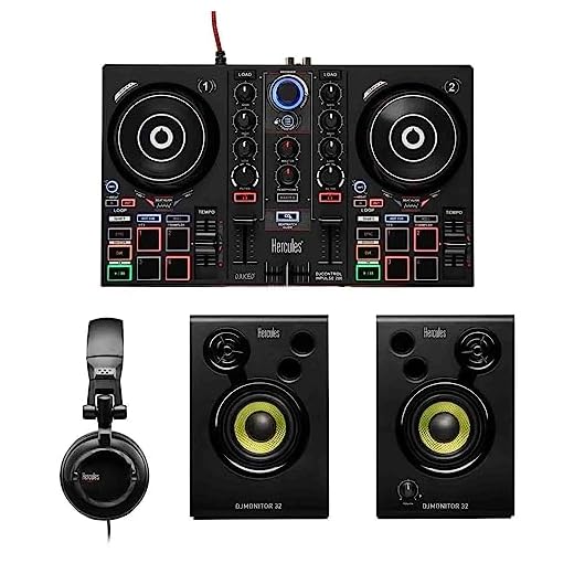 Hercules DJ Learning Kit w/ Inpulse 200 DJ Controller, 15 Watt Monitor Speakers and Sound-Isolating Headphones –2 Decks