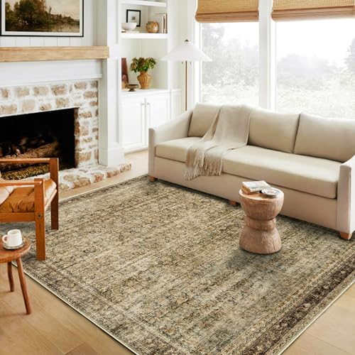 Area Rug 4x6 Washable Rug Brown Vintage Traditional Floor Cover Foldable Thin Retro Kitchen Accent Indoor Distressed Non Slip Carpet Floral Print Mat Bedroom Living Room