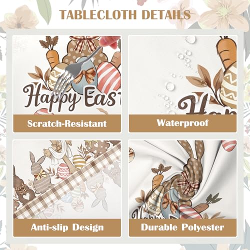 Arquiel Ostern Tischdecke Rechteckig, Abwaschbar Osterhasen Beige Tischdecken Polyester Wasserabweisend, Ostereier Bunt Tischwäsche Dekoration für Küche Garten Party, 140×180 cm