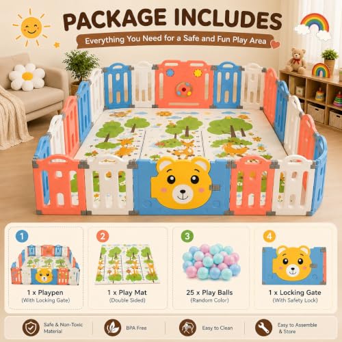 Image of Playpen for Babies for 0 - 5 Years with Mat, Balls, Gate for Kids Play pen Play Yards Fence Play Area for Kids Indoor Baby Playard Full Set for Toddlers, Child with Boundary Wall (Multi-Colour Teddy, 16 PANEL)