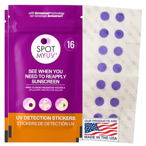 Image of SpotMyUV UV Detection Stickers for Sunscreen with Patented Dermatrue SPF Sensing Technology, Know When to Reapply Sunscreen to Help Prevent Sunburn, 32 Count