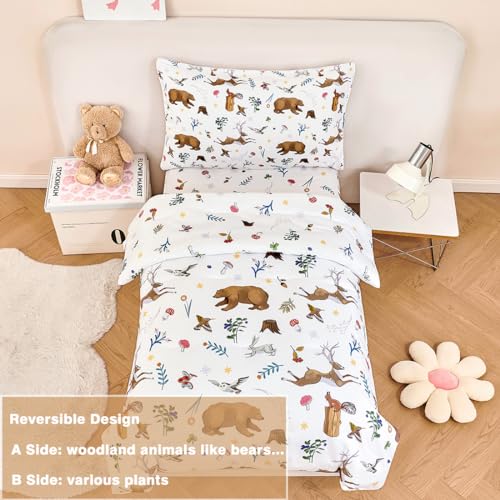 Image of PERFEMET Kids Comforter Sets Twin 4 Pieces Cartoon Woodland Animal Print Bedding for Boys Girls Soft Reversible Bear Deer Forest Theme Children Bedroom Set with Sheets for All Season Use