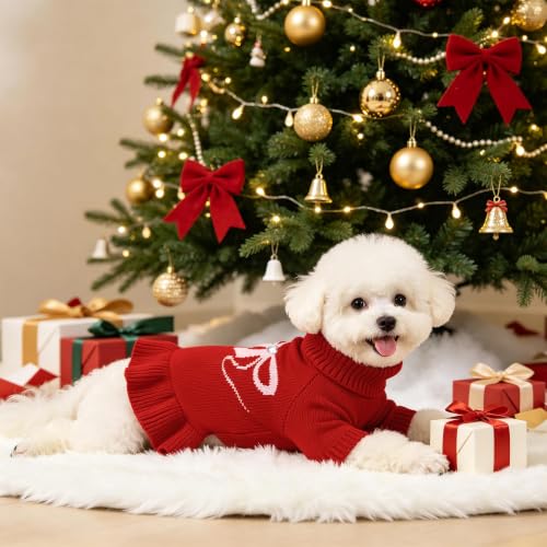 Image of YUDODO Bowknot Dog Sweater Dress for Small Dogs Girl, Stretchy Pet Clothes