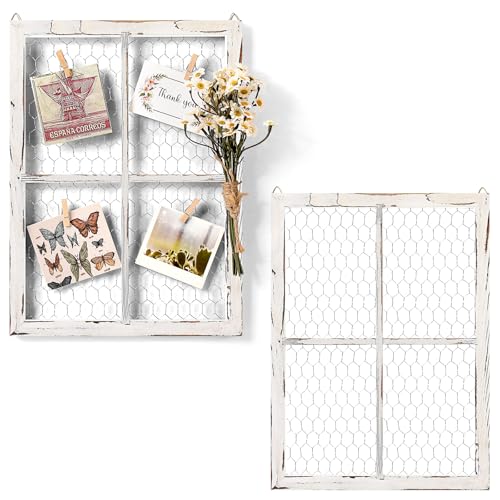 Chunful 2 Pack Chicken Wire Wooden Frame Unfinished Wood Window Frame with Chicken Wire Mesh for Crafts Photos Jewelry Decoration(White)