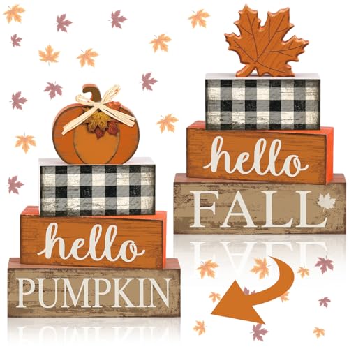 Briwooody 5 Pcs Fall Table Decor Wooden Reversible Maple Leaves Pumpkin Fall Tiered Tray Decor Thanksgiving Centerpiece Maple Leaves Pumpkin Block Signs Farmhouse Autumn Decoration for Home