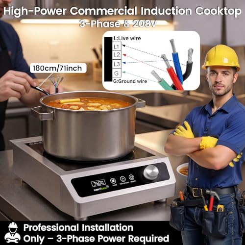 Image of 3500W Commercial Induction Cooktop, Hardwired 208V 3-Phase | 9.25-In Pure Copper Coil, Smooth Low-Power Heating for Restaurants, Catering & Commercial Foodservice