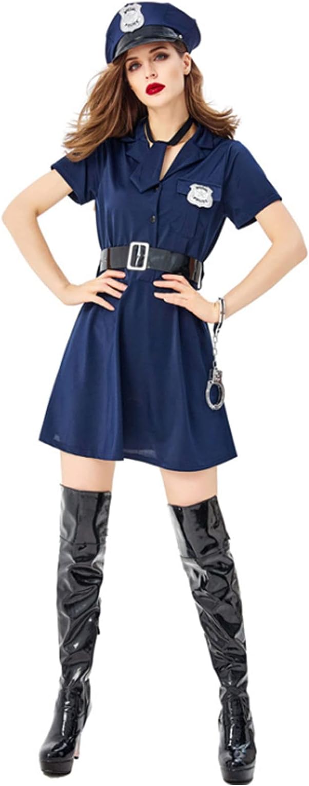 Halloween Cosplay Costume Policewoman Costume Sexy Cosplay Uniform Including: Hat, Tie, Belt,Blue,One size