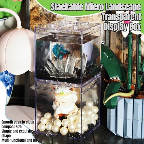 Image of Mini Betta Fish Tank, Stackable Small Fish Bowl for Desktop Decoration, 0.2 Gallon 360 Rotatable Tiny Aquarium Kit with Gravels & Resin Crystal Cluster for Sea Monkey, Shrimp