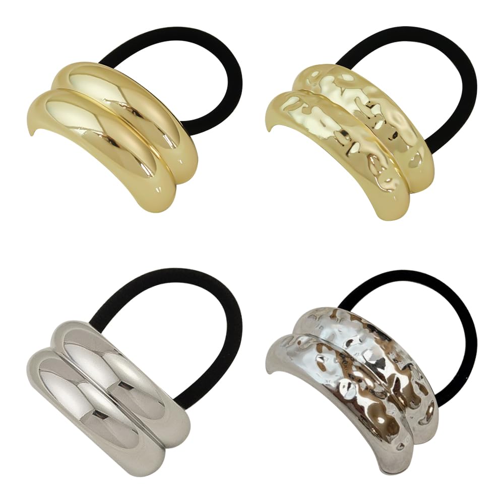 4Pcs Gold Metal Ponytail Cuff Hair Ties - Elastic Hair Bands for Thick Hair Stylish Ponytail Holders & Accessories