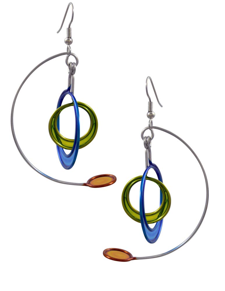 Kinetic Sculpture Inspired Stainless Steel Art Earrings, Modernist Mobile - Blue, Green, Orange