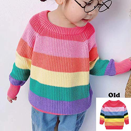 Image of Girl Pink Crewneck Sweaters Rainbow Sweater Knit Tops for 2-8 Years