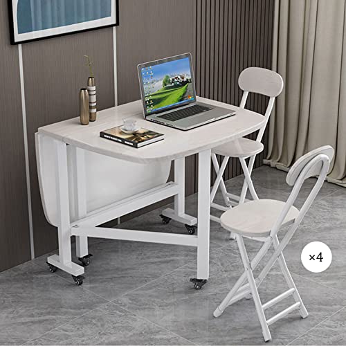 Juego de mesa plegable de cocina que ahorra espacio, 4 sillas y ruedas de 360°, mesa de comedor móvil con hojas de mariposa (blanco, 100 x 60 cm), perfecta para espacios pequeños