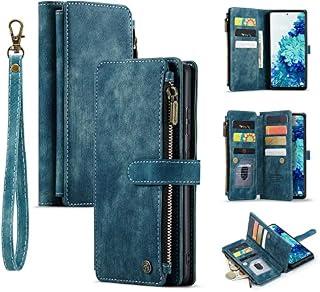 DEFBSC Case for Samsung Galaxy S20 FE, Multi-Cards Zipper Wallet Phone Case with Lanyard, Premium PU Leather Wallet Case with 9 Card Slots Kickstand Magnetic Zipper Flip Cover Protective Case - Blue