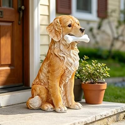 COWOS Solar Dog Statue with Glowing Bone, Golden Retriever Dog Statues for Outdoor Garden Decor, Weatherproof Dog Figurines and Pet Memorial Gift