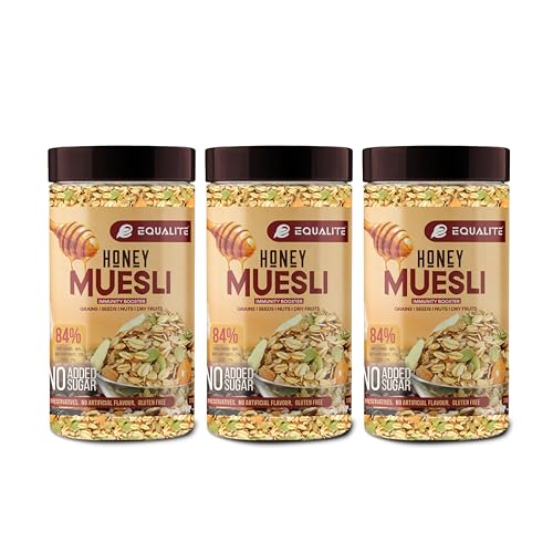 Image of Equalite Honey Muesli I Dry fruits I Muesli I Fruit and Nuts I No added sugar I Granola I High protein I Breakfast I Healthy food I Protein food I Gluten Free |No preservatives | High fiber | Omega-3 | High Minerals & Vitamins |Weight loss food I Equalite foods | (1050g, Combo Honey (Pack of 3))