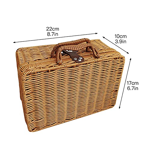 WYI Retro Plastic Wicker Suitcase, Rattan Suitcase Box with Leather Strap Lock, Wicker Picnic Basket Storage Box for Picnic Outside Party