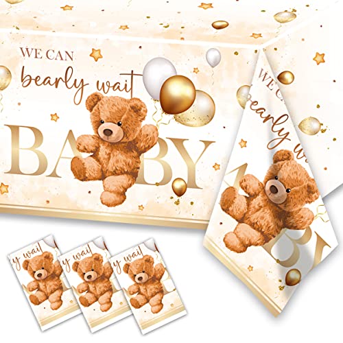 Image of CMUSKO Bear Baby Shower Decorations for Boy-3Pcs Brown Bear Theme Plastic Tablecloth Bear Baby Table Cover for Birthday Party Supplies