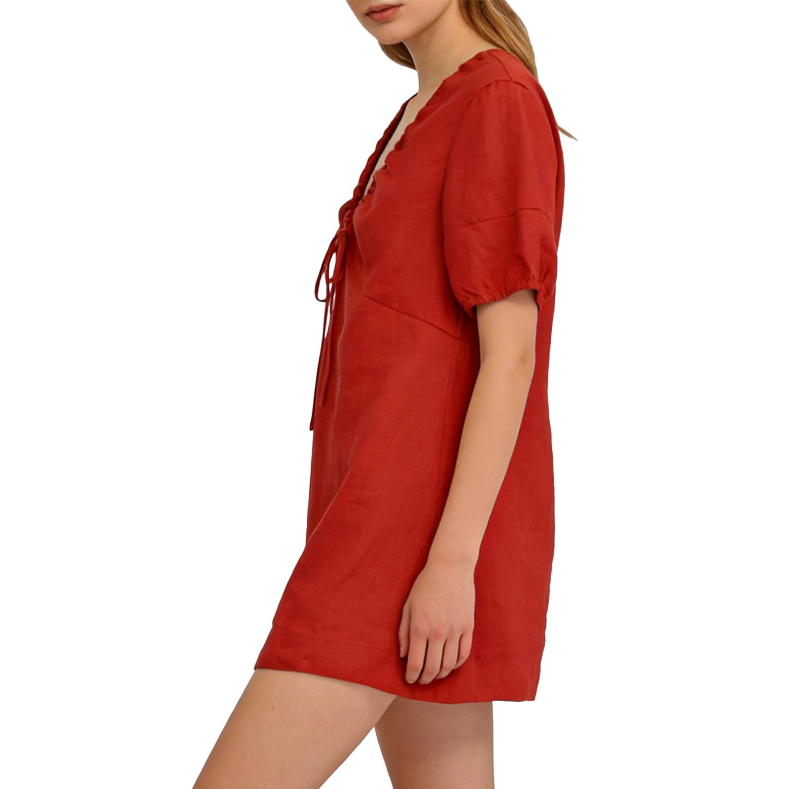 Amazhiyu Robe d'été en lin pour femme - Mini robe d'été - Courte - Coupe trapèze - Robe de plage - Col en V - Manches courtes - Élégante