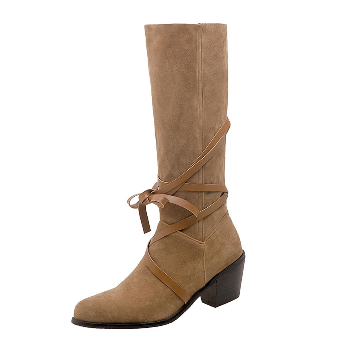 Western Knee High Boots For Womens Round Toe Pull On Suede Chunky Mid Heels Lace Up Wide Calf