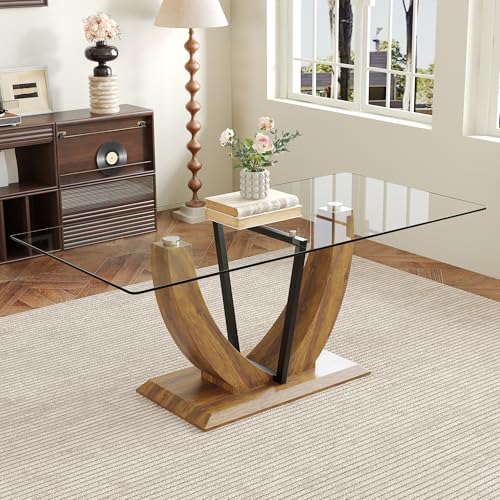Ganooly 71 Glass Dining Table Modern Kitchen Table for 6-8 Large Rectangle Dinner Table with Tempered Glass Top and Wooden Base for Dining Room Kitchen