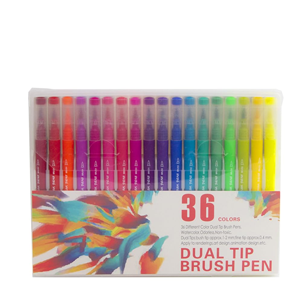 DAM Set mit 36 Filzstiften, Doppelspitze, feine Spitze 0,4 mm und professionelle Aquarellpinsel, 1 x 1 x 16,5 cm, Farbe: Kuh Braun