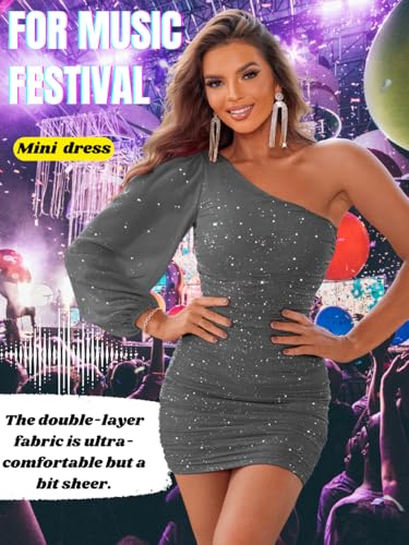 Image of ShawGobow Sparkly Outfits for Women,One Shoulder Ruched Bodycon Short Prom Dress,Sexy Dresses Cocktail Homecoming Nye