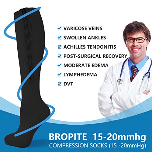 Image of bropite Zipper Compression Socks Women & Men|15-20mmHg closed Toe knee high | 2Pairs Calf Knee High 15-20mmHg closed Toe Compression Stocking suit for Walking Recovery, Pregnant, Nurse