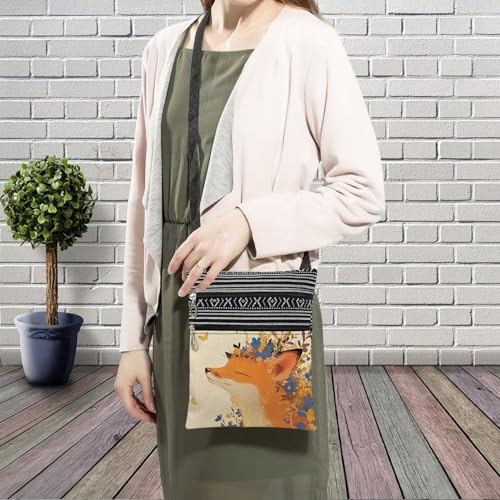Floral Fox Messenger Bag Small Ethnic Pattern Printed Adjustable Strap Crossbody Zipper Bag Floral Fox Phone Bag Wallet Cute Shoulder Handbag for Women Friends -73