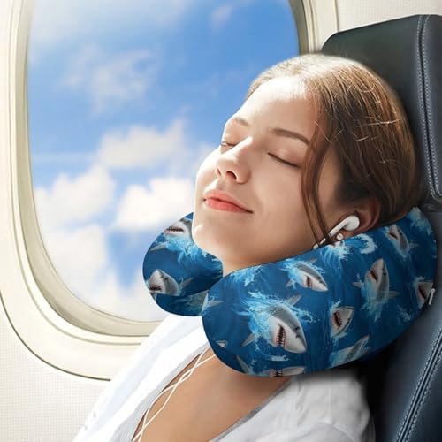 Image of Travel Neck Pillow Memory Foam Chin Cushion Ocean Sea Shark, Washable Cover for Men Women Youth Airplane Car Pain Relief