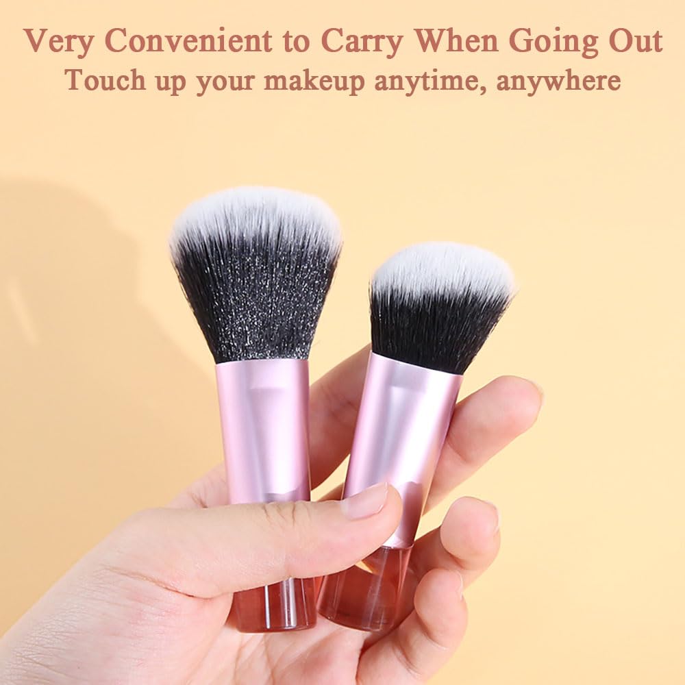 2 PCS Mini Brush Foundation and Blush Blush Duo,Travel Size Convenient to Carry,For Loose Blush and Liquid Foundation Cosmetic Artificial Fiber Bristle Plastic Handle