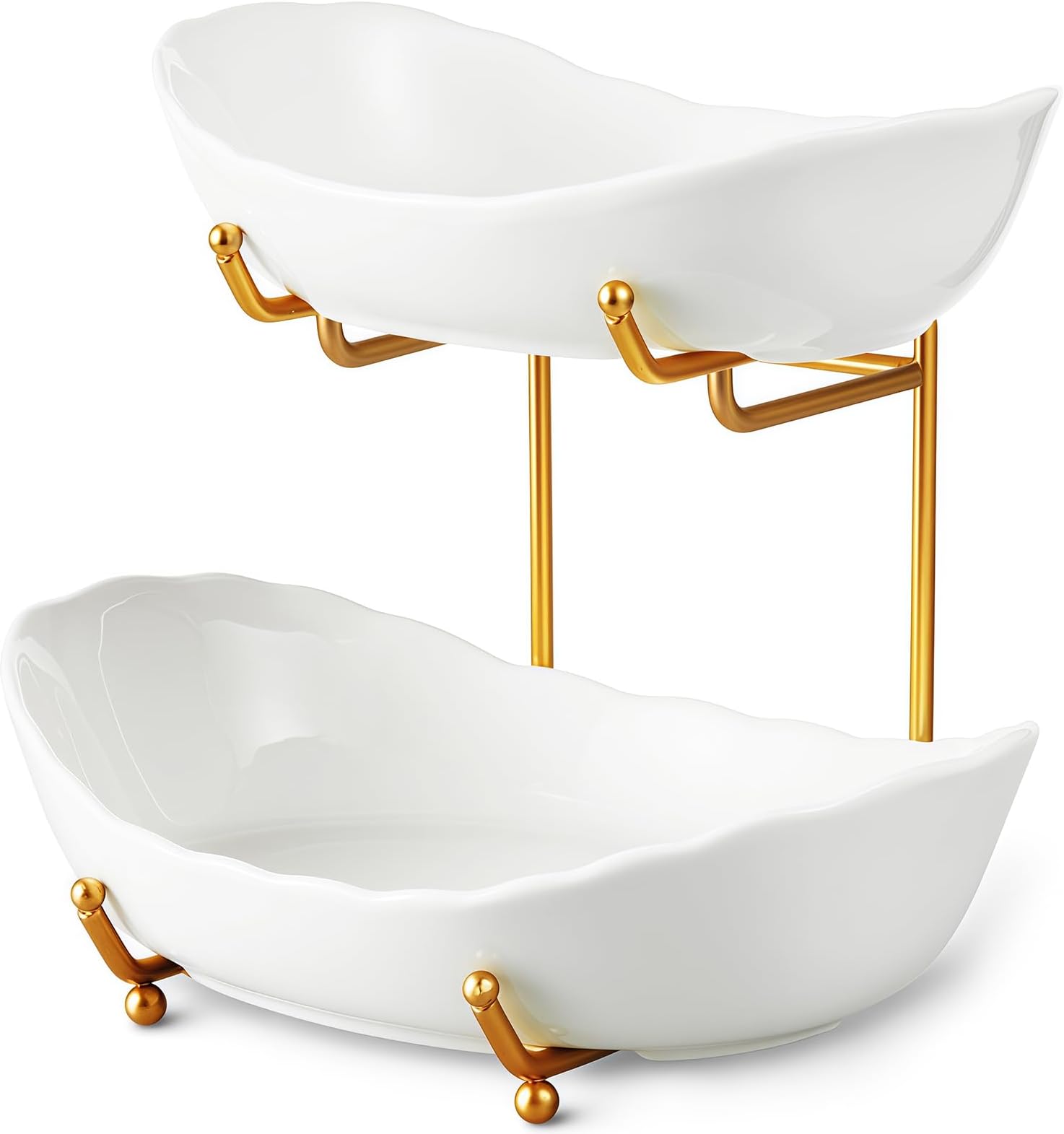 2 Tier Ceramic Fruit Bowl for Kitchen Counter, Tiered Fruit Basket for Countertop, Modern Multi Layer Fruit Display Stand for Party, Cute (Gold&White, Small)