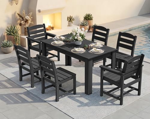 Image of SERWALL 59 inch HDPE Outdoor Dining Set for 6, w / 1 Table & 6 Chairs, Black | Armless Patio Dining Sets for All Weather Use