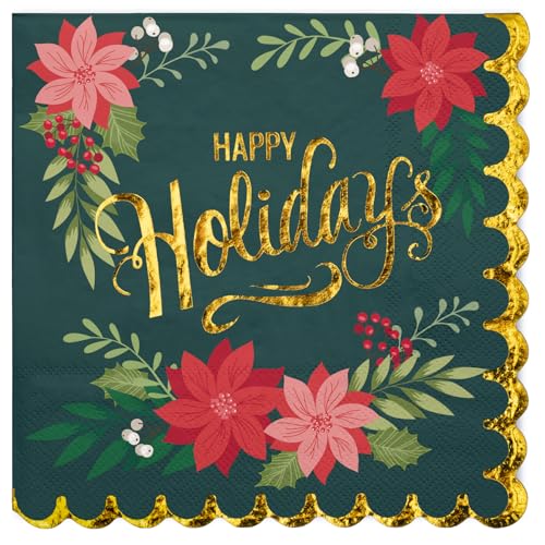 WRAPAHOLIC 50Pcs Christmas Paper Napkins - Happy Holidays 3-Ply Disposable Cocktail Napkin for Christmas Party Supplies Tableware, Xmas Holiday Party Decorative Towels - 5 x 5 In