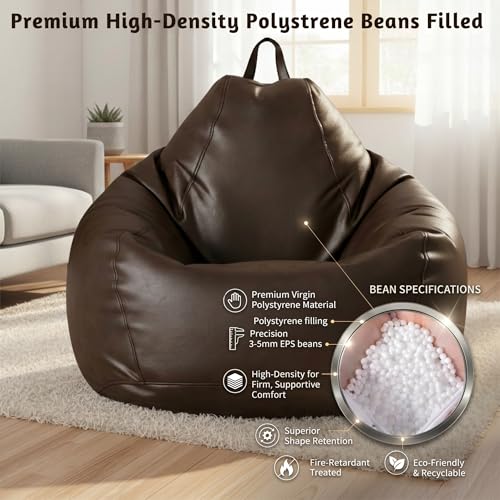 Image of KAM'S LIEU Bean Bag Chair with Footrest & Cushion | Pre-Filled Beans | PVC Leatherette Lounger Sofa | Indoor & Outdoor Bean Bag | 6 Months Warranty Size & Color- (Brown, XXXXXL, Premium)