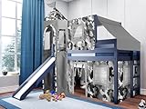 Jackpot! Castle Low Loft Bed with Slide, Gray Camo Tent and Tower, Twin, Blue