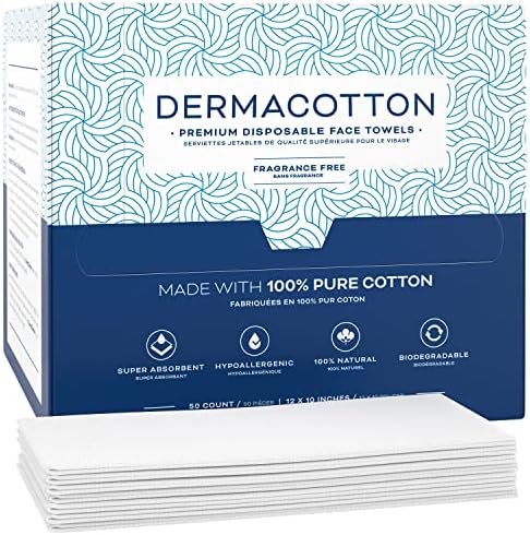 Dermacotton [100 X-Large Towels] 100% Biodegradable Disposable Cotton Face Towels – Super Soft Face Wipes, Hypoallergenic Makeup Remover Wipes, For All Skin Types Incl. Sensitive Skin, Facial Cloths