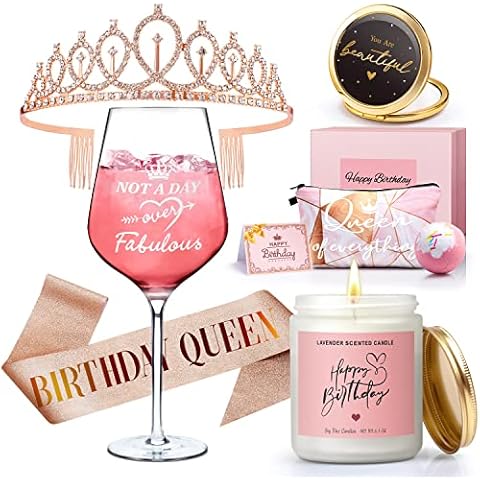 Birthday Gifts for Women, Happy Birthday Gift Basket for Women Gift Set for Best Friends Female Women Sister Mom Wife Coworker Bestie Birthday Decorations with Candles Tiara Sash, Rose Cover