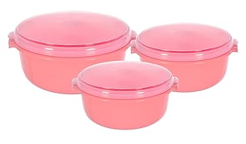 Kuber Industries 3 Piece Multiuses Plastic Serving/Mixing Bowls, Food Storage Containers Set with Lid, (3200ml, 1800ml, 1000ml) (Pink)-46KKM0143