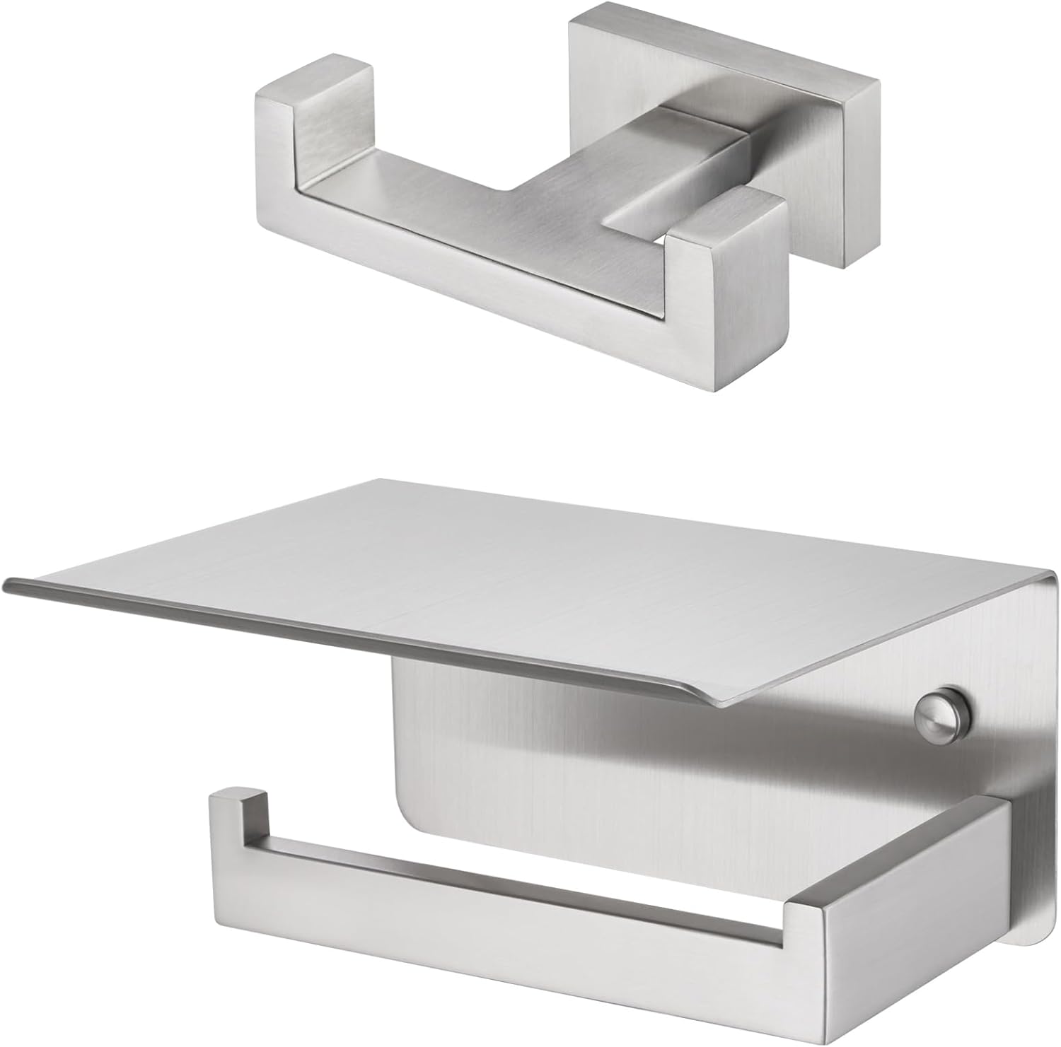 Toilet Paper Holder with Shelf Left-Side, Double Robe Hook Bundle, APLusee 304 Stainless Steel Wall Mounted Bathroom Accessories Brushed Nickel