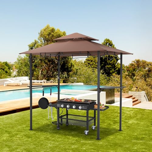 YODOLLA 2.5m Double-Tier BBQ Gazebo, 8x5ft Grey Grill Canopy with Stable Frame, Outdoor Garden Patio Barbecue Grill Tent Deck Cover, Weatherproof BBQ Shelter for Patios/Gardens/Decks(Brown)