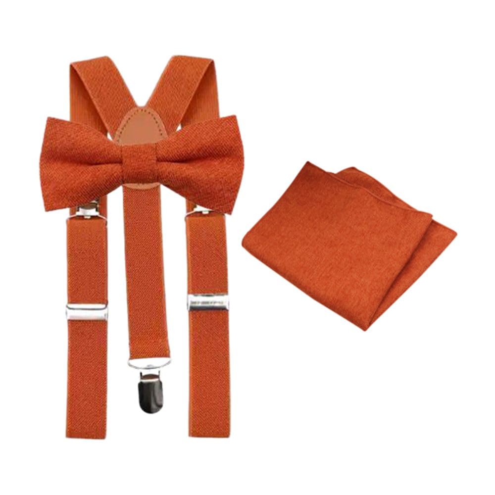 Children's Kids Boys Cotton Blend Bow Tie, Pocket Square & Braces Set (Burnt Orange Bow Tie & Pocket Square with Orange Braces)