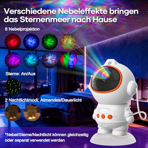 Fokky Sternenhimmel Astronaut Projektor, LED Nachtlicht Kinder mit 8 Sternenhimmel-Modi und Sternenprojektions-Nachtlichtfunktion, Fernbedienung, Galaxy Projector mit Timer für Kinder und Erwachsene