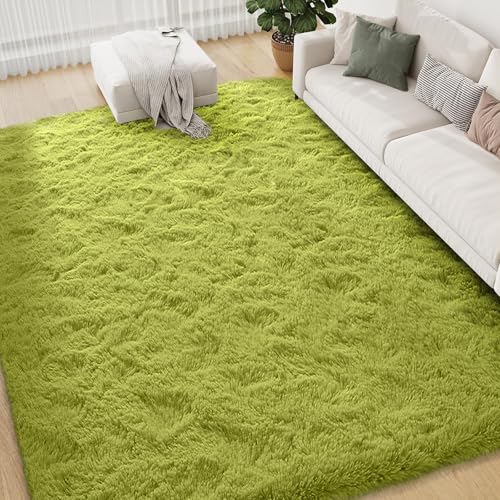 FVVRAX 150x240cm Green Shaggy Rug – Soft Fluffy Area Rug for Living Room & Bedroom, Non-Slip Plush Carpet for Kids, Nursery, Dorm, Machine Washable Large Floor Mat
