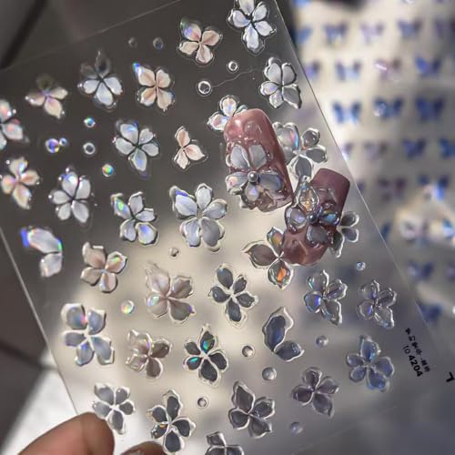 Image of 5D Embossed Flower Nail Stickers for Nail Art Quatrefoil Nail Art Stickers Spring Nail Decals Self Adhesive wiyh Design Nail Charm for Women Manicure Supplies Accessories