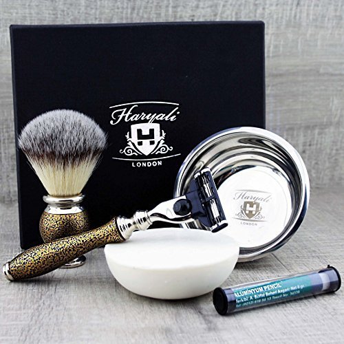 Zestaw do golenia w stylu vintage dla mężczyzn z syntetycznym pędzlem do golenia, maszynką Mach3 i miską do golenia i mydelniczką premium + darmowy aluminiowy sztyft Premium Gold antyczny wybór do codziennego użytku