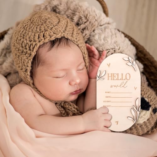 Image of Baby Announcement Sign for Newborn, 5.9 Inch Hello World Wooden Newborn Sign Boys Girls Birth Announcement Board Welcome Name Plaques for New Baby Photo Prop Nursery Hospital